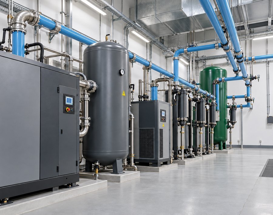Compressor room with air receivers, dryers and blue compressed air pipework