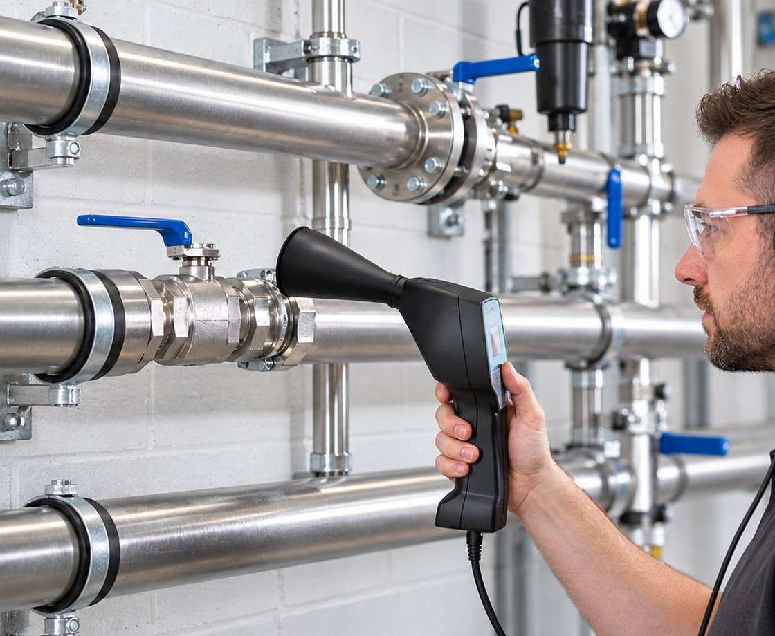 Engineer surveying compressed air pipework with an ultrasonic leak detector